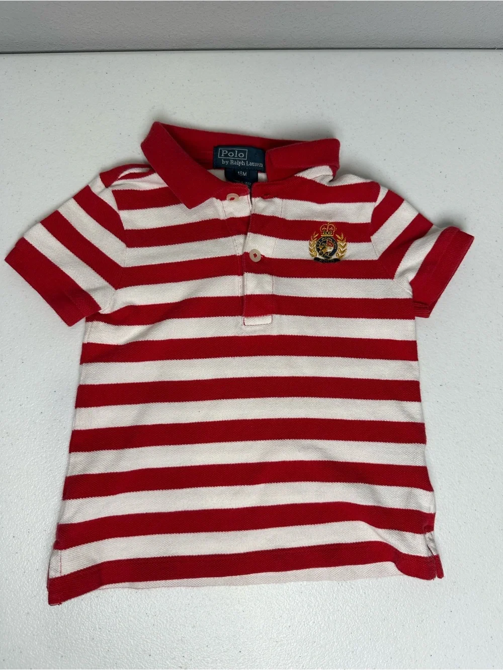 Ralph Lauren Red and White Striped Polo Shirt with Crest